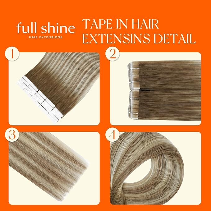 Full Shine Injection Tape in Hair Extensions Color Dark Brown 3 Fading to 8 and 22 Blonde Balayage 20 Inch Remy Tape in Human Hair Extensions Skin Weft 20 Pcs 50 Grams Silky for Wedding Straight