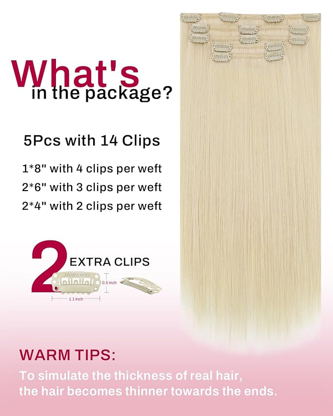 Moresoo Blonde Clip in Hair Extensions Platinum Blond Human Hair Clip in Extensions Golden Blonde Long And Straight 80g/5pcs 20 inch