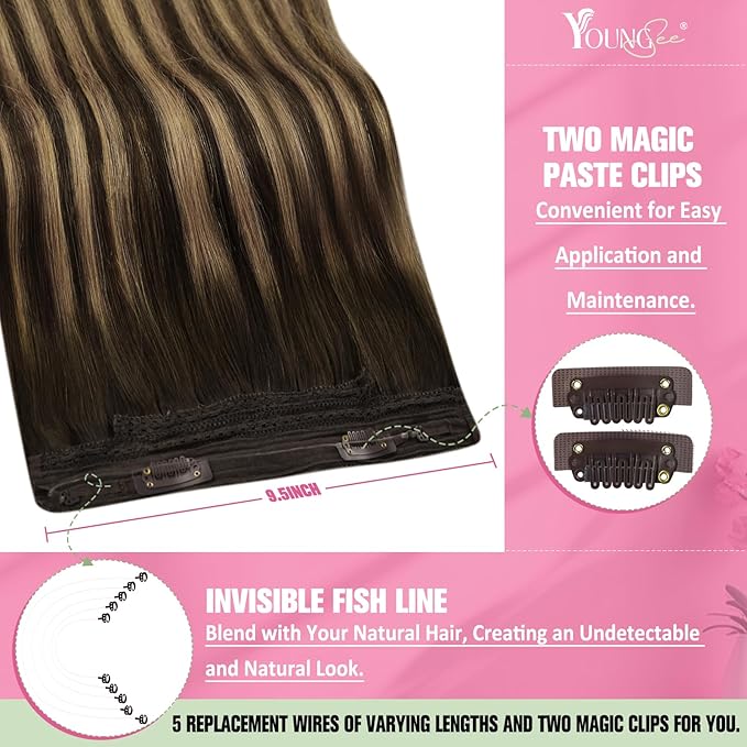 YoungSee 130G Wire Human Hair Extensions Balayage Invisible Wire Hair Extensions Real Human Hair Chocolate Brown Mix Caramel Blonde Couture Hair Extension for Women 20Inch