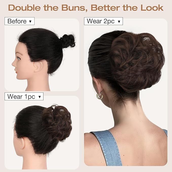 Messy Bun Hair Piece Wavy Curly Scrunchies Fluffy Donut Thick Updo Elegant Chignon Hairpieces for Women Girls, Natural Black Mix Silver Grey 1.4oz