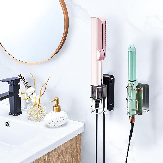 Curling Iron Holder Wall Mount, Hair Straightener Holder with Power Plug Stand, Stainless Steel Hair Tool Organizer for Flat Iron and Hot Tools, Silver