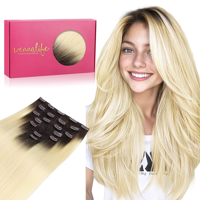 WENNALIFE Clip in Hair Extensions, 18 Inch 120g 7pcs Clip in Hair Extensions Real Human Hair, Ombre Light Dark Brown to Platinum Blonde Remy Hair