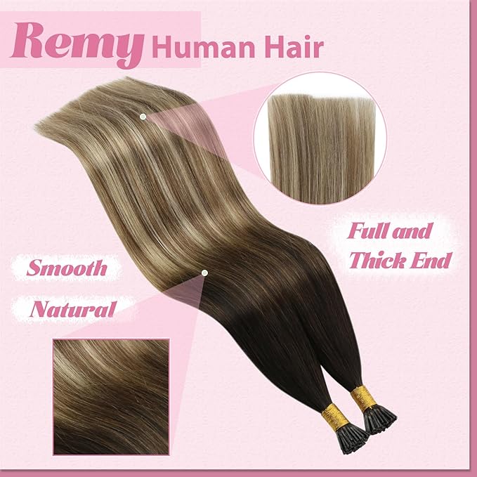YoungSee I Tip Extensions Brown Balayage 18 Inch Itip Hair Extensions Real Human Hair Ombre Dark Brown to Blonde with Brown Itips Human Hair Extensions Pre Bonded Hair Extension Natural 60s 50g