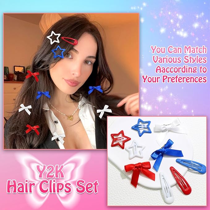 36Pcs 4th of July Red Blue White Bow Hair Clips Cheer Star Snap Hair Barrettes Water Drop No Slip Hair Clips for Women Small Hair Bows Star Bowknot Hair Accessories for Girls