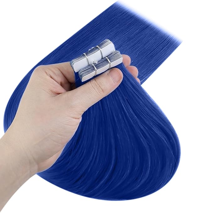 YoungSee Tape in Hair Extensions Real Human Hair Blue Invisible Tape in Human Hair Extensions Blue 18 Inch Seamless Tapes Hair-Extensions Colored 10pcs 25g Prom Night Hair Extension