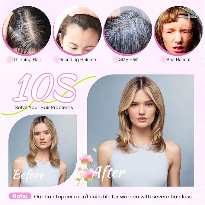 YAMI Hair Toppers for Women Fluffy Human Hair Topper 10inch Handmade Swiss Base Hairpieces 360° Cover Hairloss (Honey Blonde with Dark Brown Root)