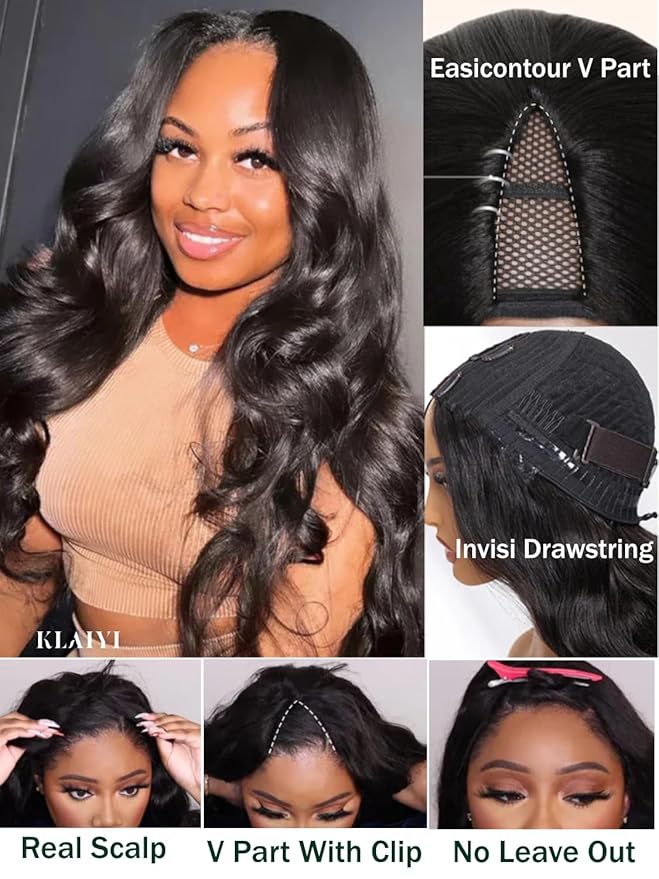KLAIYI EasiContour V Part Wig Human Hair Body Wave Glueless Upgrade U Part Wig No Leave Out No Gel Clip in Half Wig V Shape Pull and Go Beginner Friendly Ready to Wear Natural Black Color 150% 14Inch