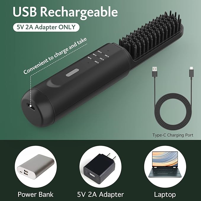 Beard Straightener for Men, Portable Cordless Heated Hair & Beard Straightening Brush with Anti-Scald & Ionic Technology, 3 Temperature Setting Comb for Home Travel