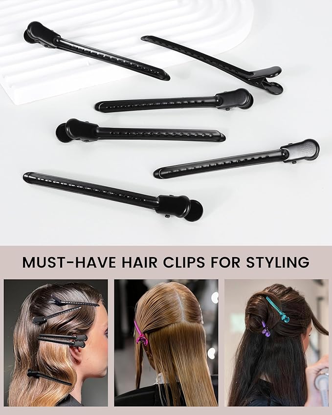 Alligator Clips for Hair Styling 12 pcs Anti-Slip No-Trace Duck Billed Hair Clips Rustproof Metal Hair Sectioning Clips for Styling for Salon & Makeup,black.