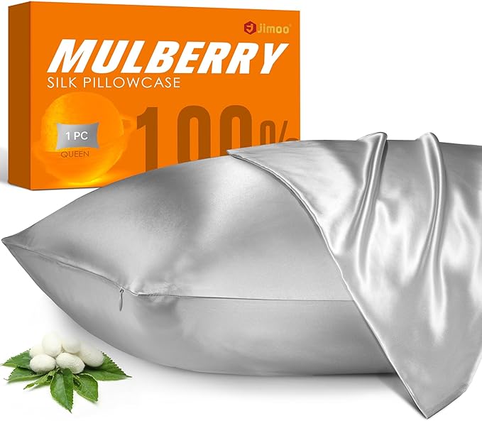 100% Mulberry Silk Pillowcase for Hair and Skin, 22 Momme Pure Natural Silk Pillow Case Both Sided with Zipper, Pillow Cover for Women Mom Men(Silver Grey, Queen 20''×30'', 2 Pack)