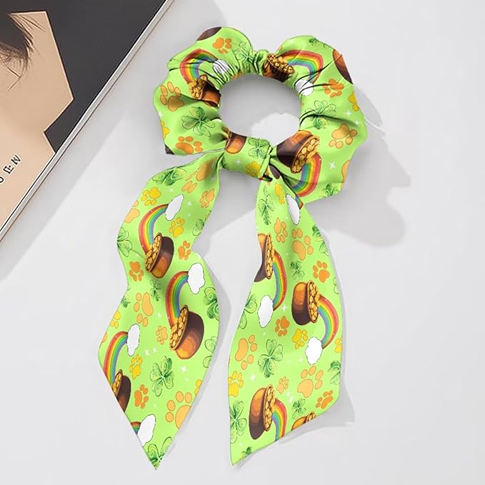 Ladybug Green Leaf Satin Hair Ties for Thin Hair Rainbow Pot of God Ribbon Hair Elastics for Girls 2 Piece St Patricks Day Scarf Scrunchies