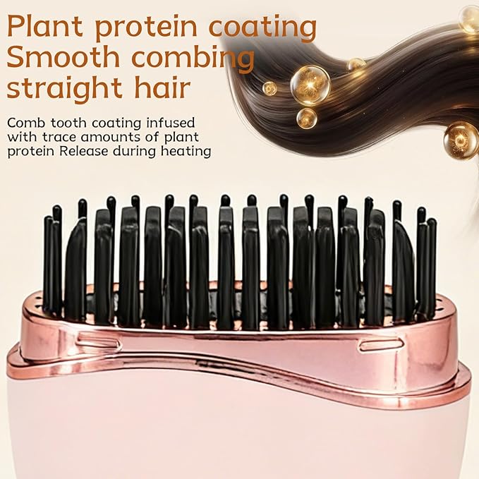 Mini Straightener, Rechargeable Portable Mini Hair Straightener Brush, Fast Heating Hot Comb 3-Speed Temperature Control with Anti Scald Shell and Built-in Mirror for Home Travel (Pink)