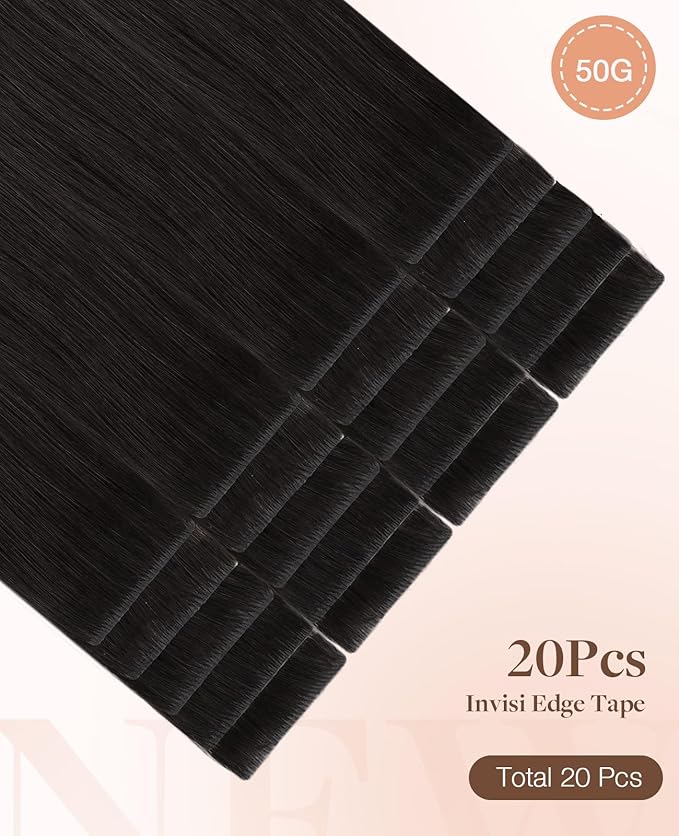 GOO GOO Invisi edge Tape in Hair Extensions Human Hair, 1B Natural black 20pcs 14inch 50g, Virgin Human Hair Tape ins, Seamless Injected Tape in Hair Extensions
