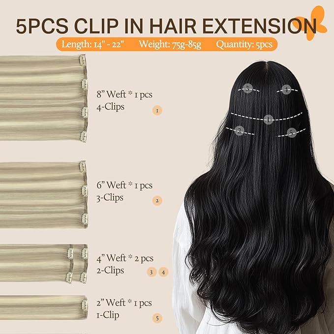 DOORES Human Hair Clip in Extensions, 5pcs 85g Ash Blonde Highlighted Platinum Blonde 22 Inch, Real Hair Extensions Clip in Human Hair Long Soft Straight Hair Pieces