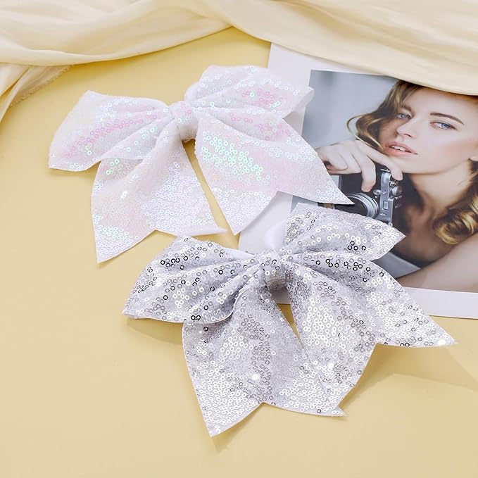 Large Glitter Cheer Bows Clips, Jumbo Big 7 Inch Cheerleading Sequin Hair Bow Hair Accessories for Teens Girls Football Sports Cheerleader Outfit Uniform (Sliver)