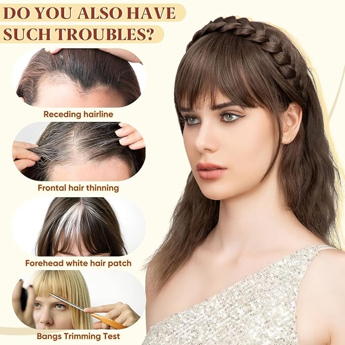 SARLA Braided Headband with 3 Detachable Clip in Bangs Fringe Hairpieces Fake Synthetic Hair Band Bangs for Women Tizian Red