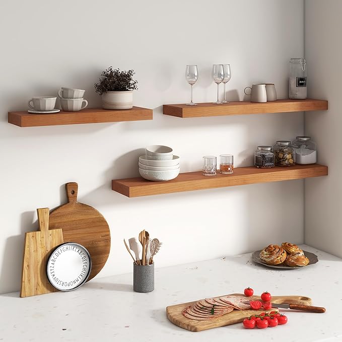 Floating Shelves for Wall, USA-Sourced Cherry Wood 48 Inch Long Wall Shelves, Natural Wooden Wall Mounted Picture Ledge Shelf, Nursery Book Storage Shelf Kids Bookshelf, Display Shelf for Bathroom