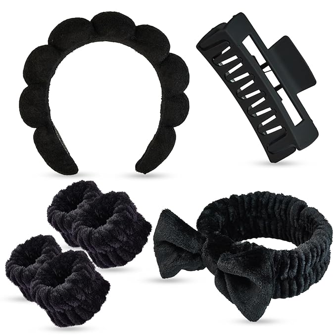 7 Pcs Spa Set, Facial Headband and Wristband Set, Skincare Accessories, College Style Girl Idea Gifts, Hair Accessories for Women and Girls (Black)