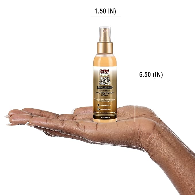 African Pride Black Castor Miracle Anti-Humidity Heat Protectant Spray - 400°F Heat Protection, Shields Against Heat Damage, Contains Black Castor Oil and Keratin Complex, 4 oz