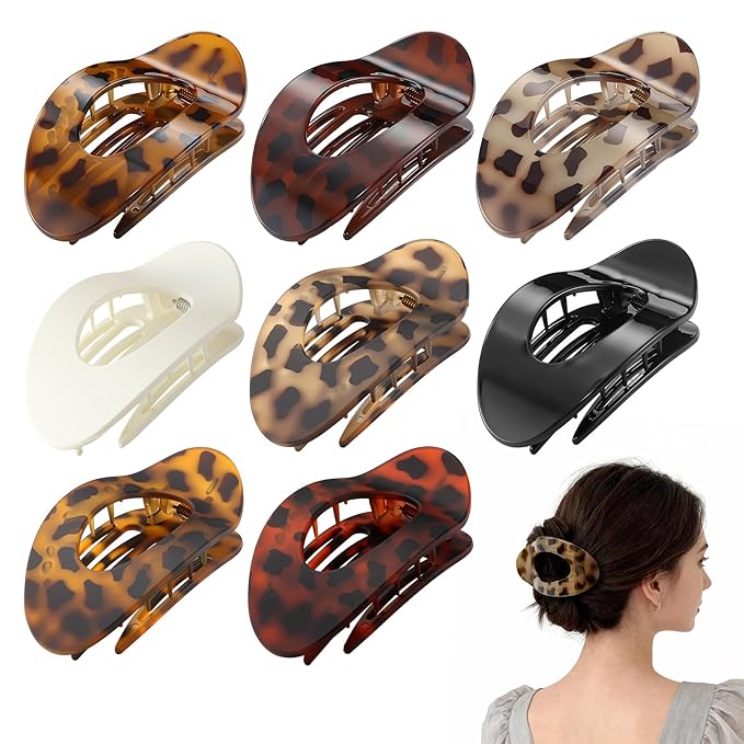 Upgraded 8 Pack French Flat Hair Clips for Women Girls, Matte Lay Flat Claw Clips, Large No-Slip Claw clips for Thick &Thin Hair, Strong Hold Styling Barrettes Accessories for Daily Styling (Leopard)