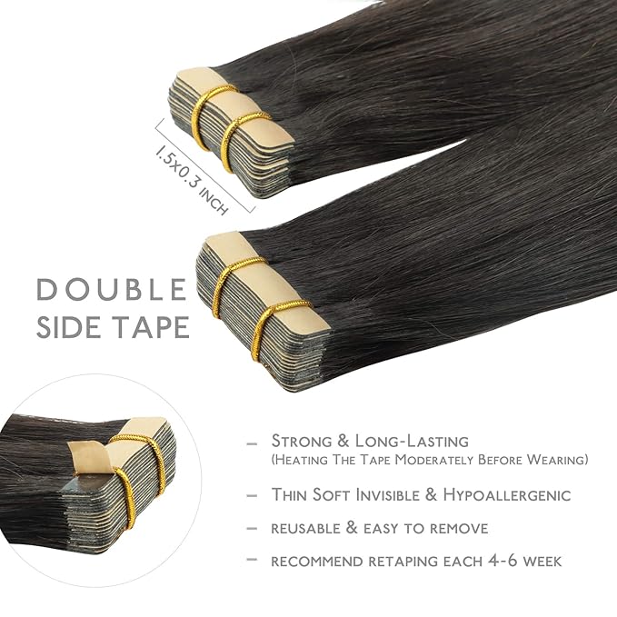 WENNALIFE Tape in Hair Extensions Human Hair, 20pcs 50g 24 inch Natural Black Remy Hair Extensions Straight Human Hair Tape in Extensions Skin Weft Tape Extensions Human Hair