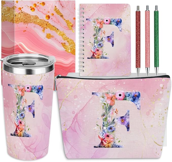 Personalized Gifts Monogrammed Birthday Gifts for Women, Aunt Grandma Retirement Christmas Initial 20 oz Tumbler, Makeup Bag Cup Ballpoint Pens Journal Notebook 6 Set, (Aesthetic Pink Flower F)