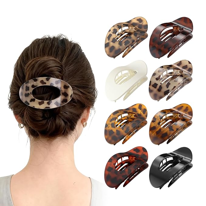 Upgraded 8 Pack French Flat Hair Clips for Women Girls, Matte Lay Flat Claw Clips, Large No-Slip Claw clips for Thick &Thin Hair, Strong Hold Styling Barrettes Accessories for Daily Styling (Leopard)