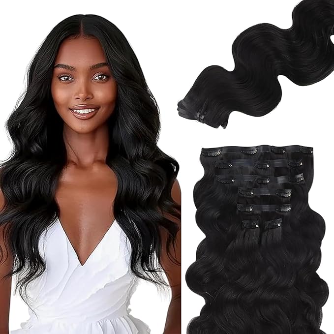 Lashey Seamless Clip in Hair Extensions Human Hair #1 Jet Black Body Wave 7pcs 110g 16 Inch Invisible PU Weft Clip in Hair Extensions for Women