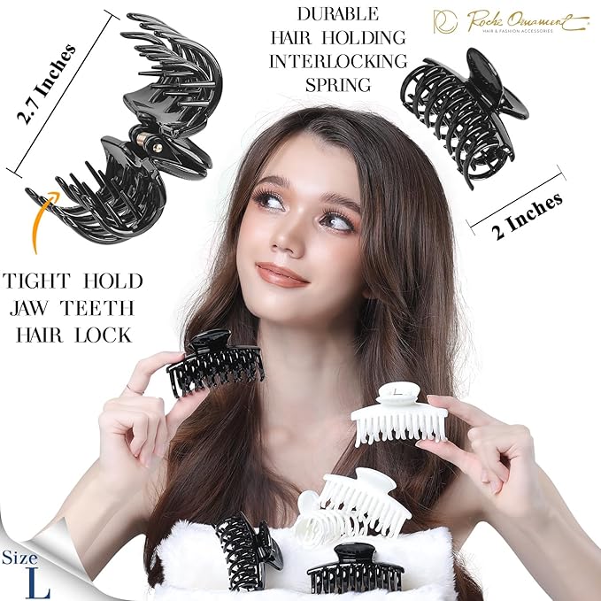 RC ROCHE 6 Pcs Double Claw Hair Clip Tooth Claw Clip Grip Tooth Jaw Clamps Thin Fine Hair Strong Hold No Slip Undo Clutchers for Women, Medium Black & White