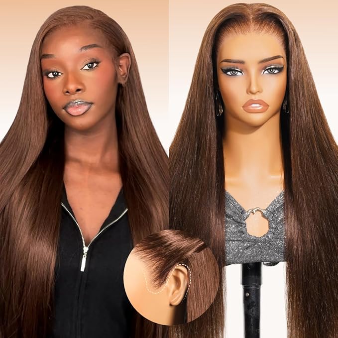 Arabella 13x6 Chocolate Brown Glueless Wigs Human Hair Pre Plucked Pre Cut 13x6 Ear to Ear Full HD Lace Front Wigs Human Hair 210% Density 4# Brown Straight Wig Drawstring Wig Human Hair 24 Inch