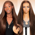 Arabella 13x6 Chocolate Brown Glueless Wigs Human Hair Pre Plucked Pre Cut 13x6 Ear to Ear Full HD Lace Front Wigs Human Hair 210% Density 4# Brown Straight Wig Drawstring Wig Human Hair 24 Inch