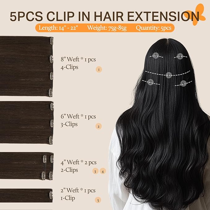 DOORES Clip in Human Hair Extensions, 80g 5pcs Light Dark Brown 20 Inch Remy Hair Extensions Clip in Straight Natural Hair Extensions