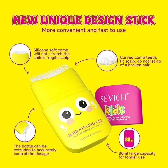 SEVICH Kids Hair Gel for Girls & Boys 80ml - Hair Finishing Stick Styling Gel for Kids, Plant-Based Formula with Comb Design, Frizz Control & Easy Wash (Cartoon Bottle)