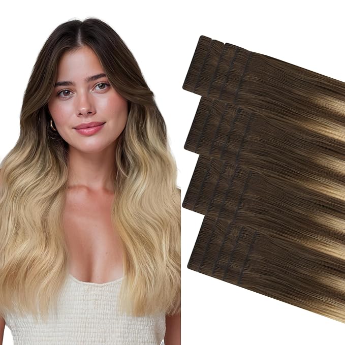 GOO GOO Invisi Edge Tape in Hair Extensions Human Hair, 4/18 Balayage Chocolate Brown Highlighted Dirty Blonde, 20pcs 14inch 50g, Virgin Remy Hair, Seamless Injected Tape, Natural Look