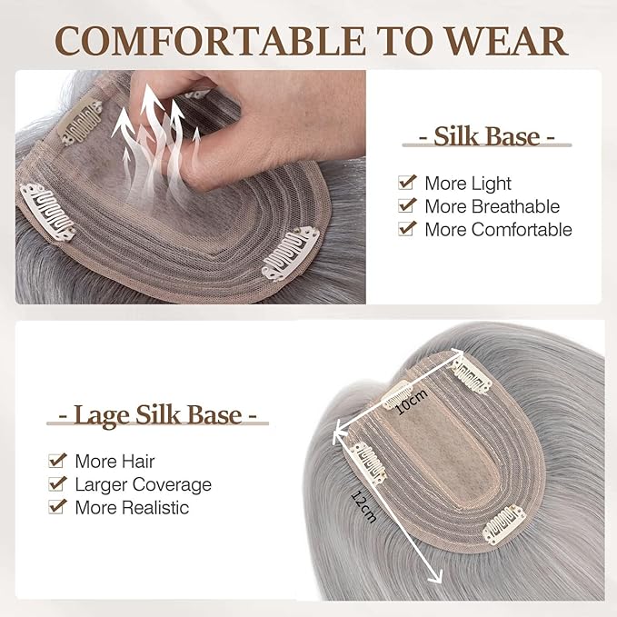 Rich Choices Hair Toppers for Women Real Human Hair 100% Human Remy Toppers NO Bangs for Women with Thinning on Top Clip in Hairpiece 4"x4.7"Lace Base 14 Inch Gray