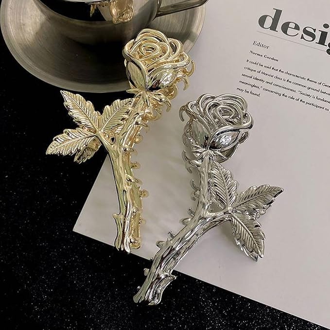 Elegant Rose Metal Non-Slip Hair Claw Clips for Thin and Thick Hair - Fashionable Flower Hair Accessories for Women and Girls (Silver Rose)