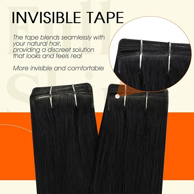 Full Shine Black Injection Tape in Hair Extensions Real Human Hair Color 1 Jet Black Seamless Invisible Skin Weft Machine Remy Injected Tape Extensions for Women 20Inch 50Gram 20Pcs