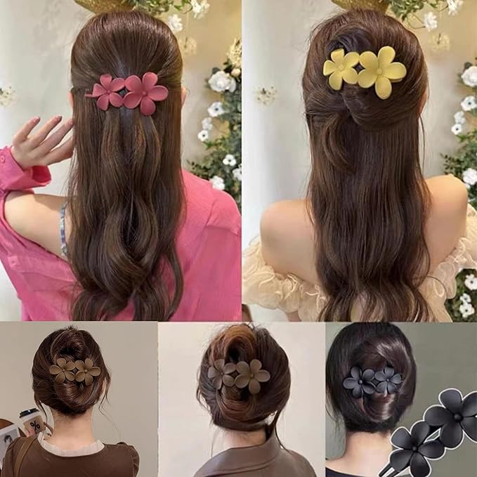8 Pcs Flat Hair Claw Clips, Matte Flower Hair Clips and Flat Clips, 2 Style Beach Tropical Party Strong Hold Jaw Hair Clips for Women Girls Thin Thick Curly Straight Hair Accessories