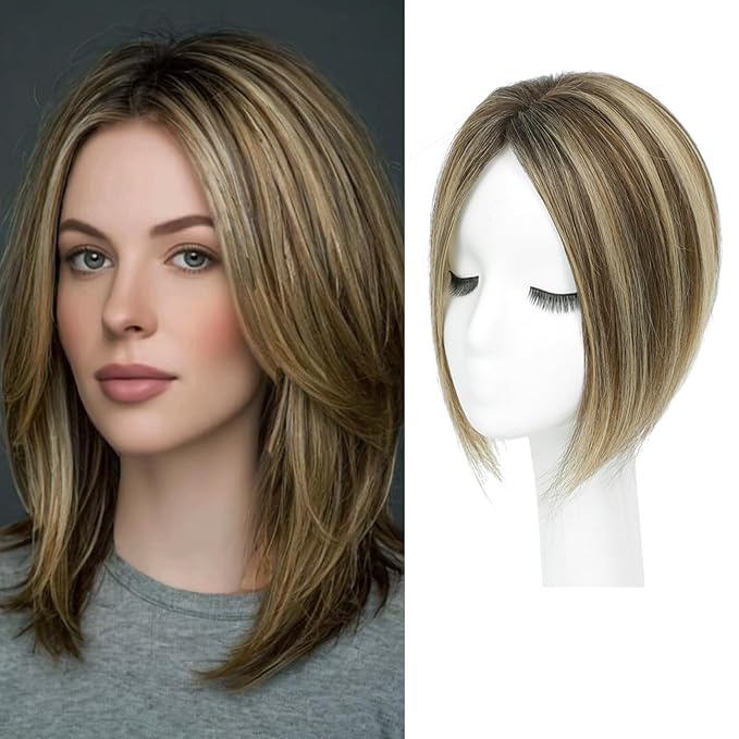 YAMI Hair Toppers for Women Fluffy Human Hair Topper 10inch Handmade Swiss Base Hairpieces 360° Cover Hairloss (Medium Brown Mix Blonde with Dark Brown Root)