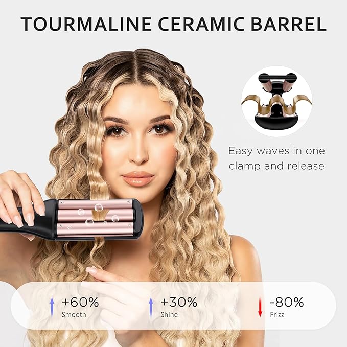 janelove 4 in 1 Hair Crimper, Hair Waver, Beach Waves Curling Iron Create 4 Types of Waves 0.75 & 1 & 1.1& 1.25 Inch, for Water/Mermaid/Beach/Deep defned Waves, 4 Temps with LED Display