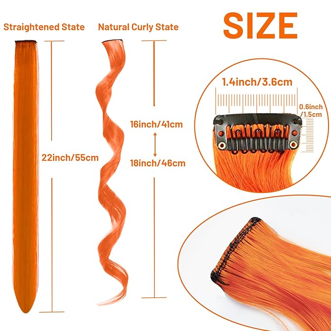 16 Pcs Colored Hair Extensions Curly Wavy Clip in Synthetic Hairpiece Streak for Girls Women Kids, Colorful Christmas New Year Party Highlights Cosplay Festival Gift(Orange)