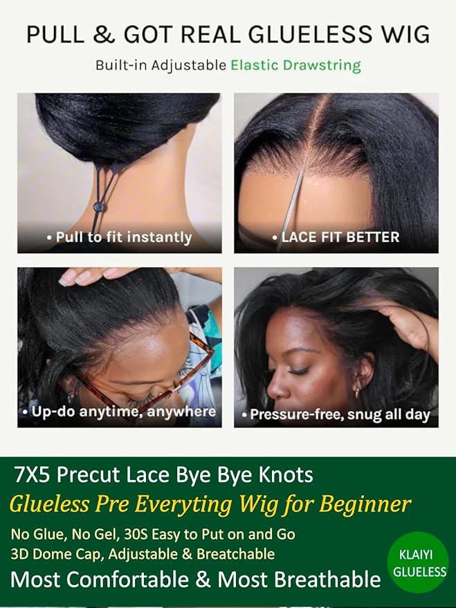 KLAIYI Bye Bye Slip™ Loose Body Wave Wig Layer Side Part 200% Density 7X5 Pre Cut Lace Front Wigs Human Hair Drawstring Glueless 30S Ready to Wear and Go Beginner Wig Pre Plucked Bleached Knots 10Inch