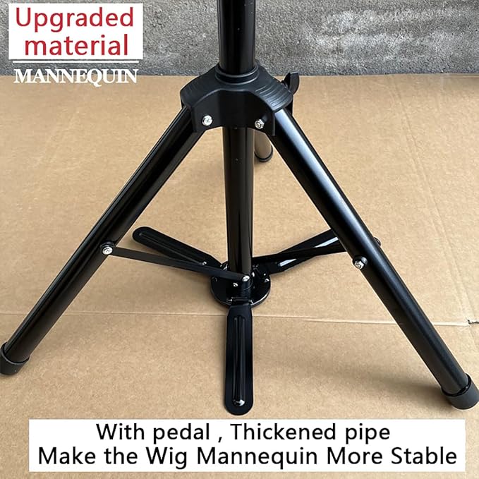 Upgraded Wig Stand Tripod, 55" Heavy Duty Reinforced Adjustable Mannequin Head Stand Tripod for Styling Cosmetology Hairdressing Training, Metal Wig Head Stand Holder with Wig Caps,Paddle Comb T-Pins (55" Black Tripod with Pedal)