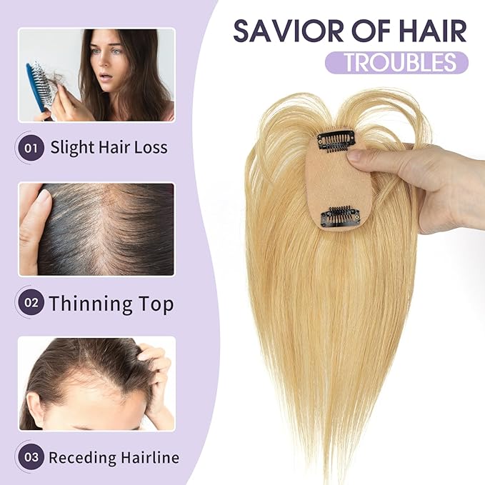 Human Hair Topper with Bangs – 100% Real Remy Hair Topper for Women, Thin Skin Base & Natural Hairline for Thinning Crown, Clip-In Hairpiece (8inch, Strawberry Blonde)