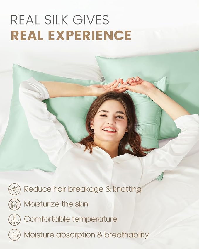 THXSILK 100% Mulberry Silk Pillowcase for Hair and Skin Health, Soft Breathable and Smooth Pillowcase with Hidden Zipper, Both Sides Premium Grade 6A+ Silk, 1pc (Standard 20"x26", Turquoise Green)