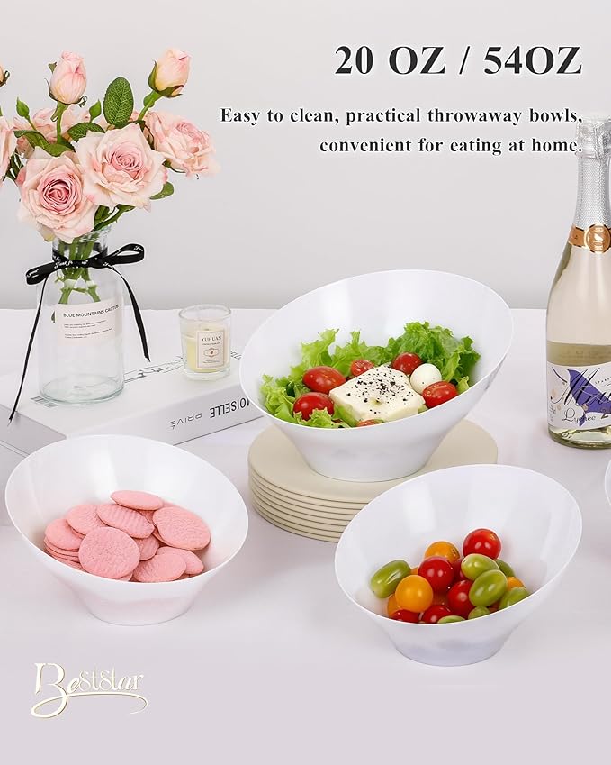 BESTSTAR 54OZ Plastic White Serving Bowls 8 Pack– Angled Disposable Party Bowls for Chips, Salad, Fruit & Candy – Heavy Duty Clear Serving Bowls for Parties, Buffet, Catering, Christmas