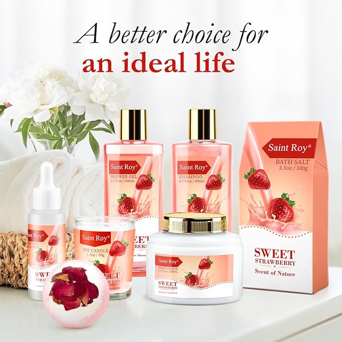 Spa Kit for Women, Bath & Body Gift Set, Luxury Home Spa Bath Gift Basket, Strawberry Scented Bath Set Christmas Gifts for Women, Pamper Gifts for Girls & Teens, Birthday Gift, Bath Self Care Gift
