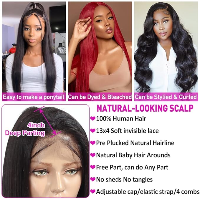 Hermosa 13x4 HD Transparent Lace Front Wigs Human Hair Pre Plucked with Baby Hair 220% Density Straight Lace Front Wigs Human Hair for Black Women Natural Hairline 24 inch
