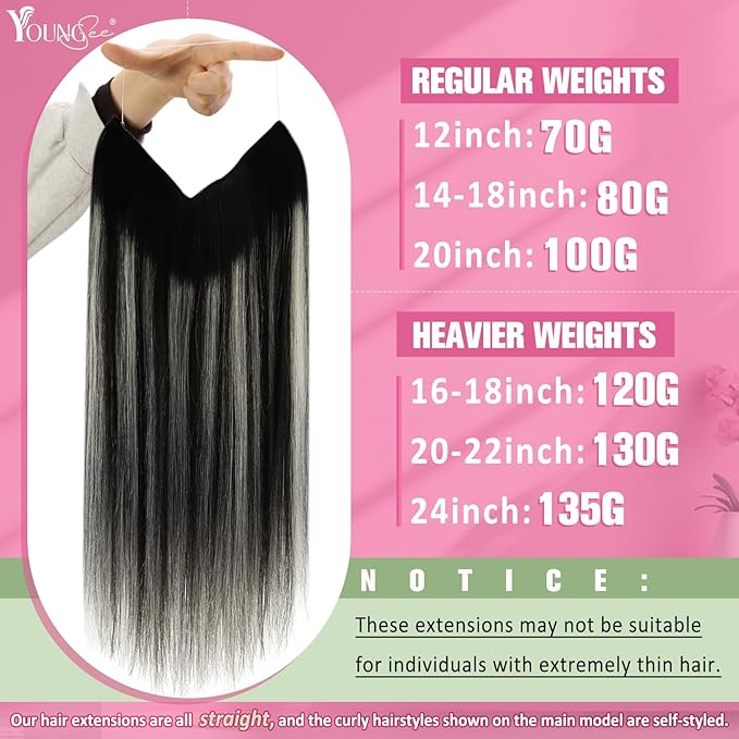 YoungSee Wire Hair Extensions Real Human Hair Ombre Secret Wire Human Hair Extensions Balayage Black with Silver Natural Fish Line Hair Extensions Human Hair 14In 80G