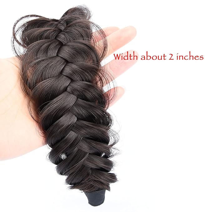 DIGUAN Wide Messy Braided Headband With Teeth Synthetic Hair Plaited Headband High Elasticity Braids Chunky Fishtail Braided Hair Band Hairpiece for Girls Women (Deep Brown)